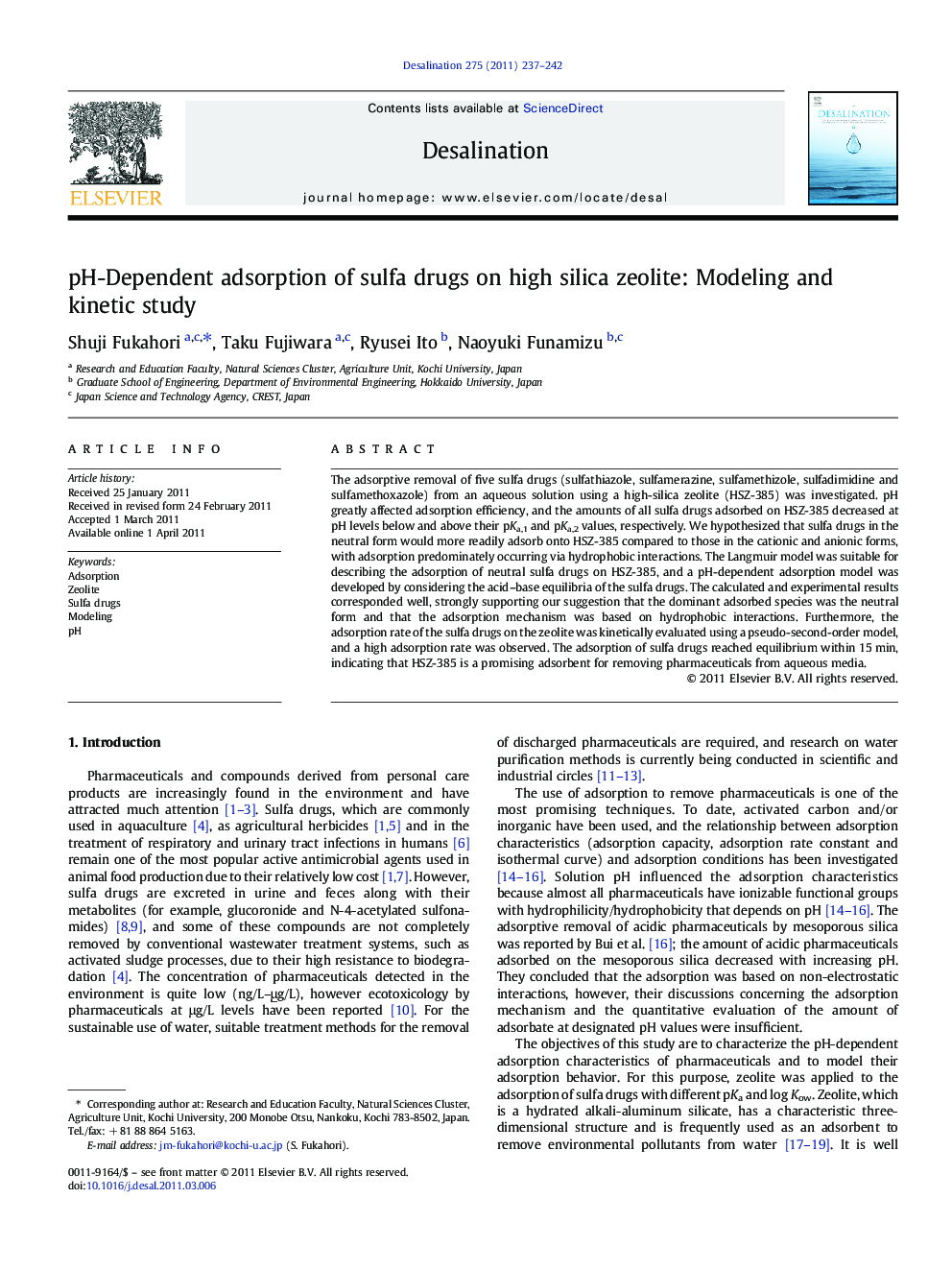 pH-Dependent adsorption of sulfa drugs on high silica zeolite: Modeling and kinetic study