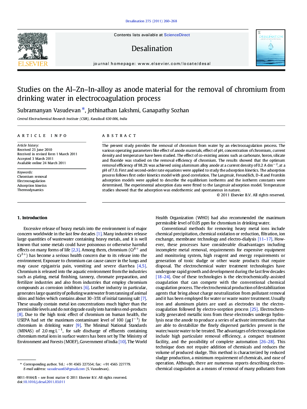 Studies on the Al–Zn–In-alloy as anode material for the removal of chromium from drinking water in electrocoagulation process