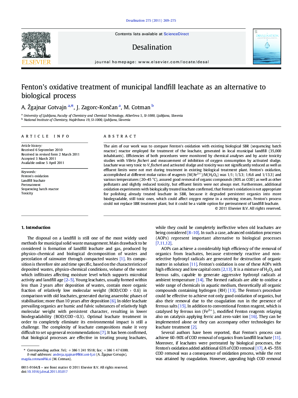 Fenton's oxidative treatment of municipal landfill leachate as an alternative to biological process