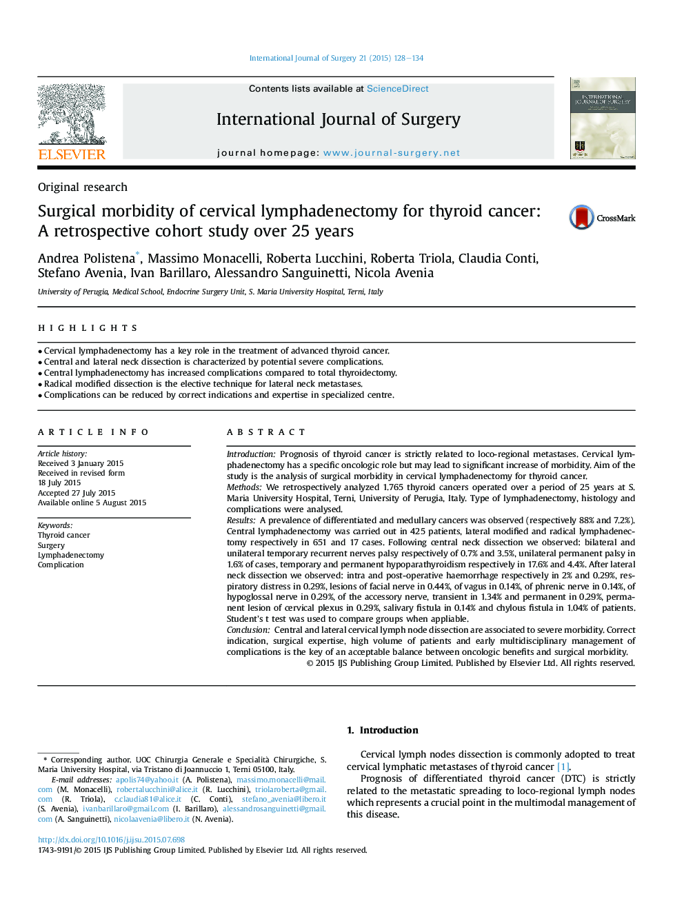 Original researchSurgical morbidity of cervical lymphadenectomy for thyroid cancer: AÂ retrospective cohort study over 25 years
