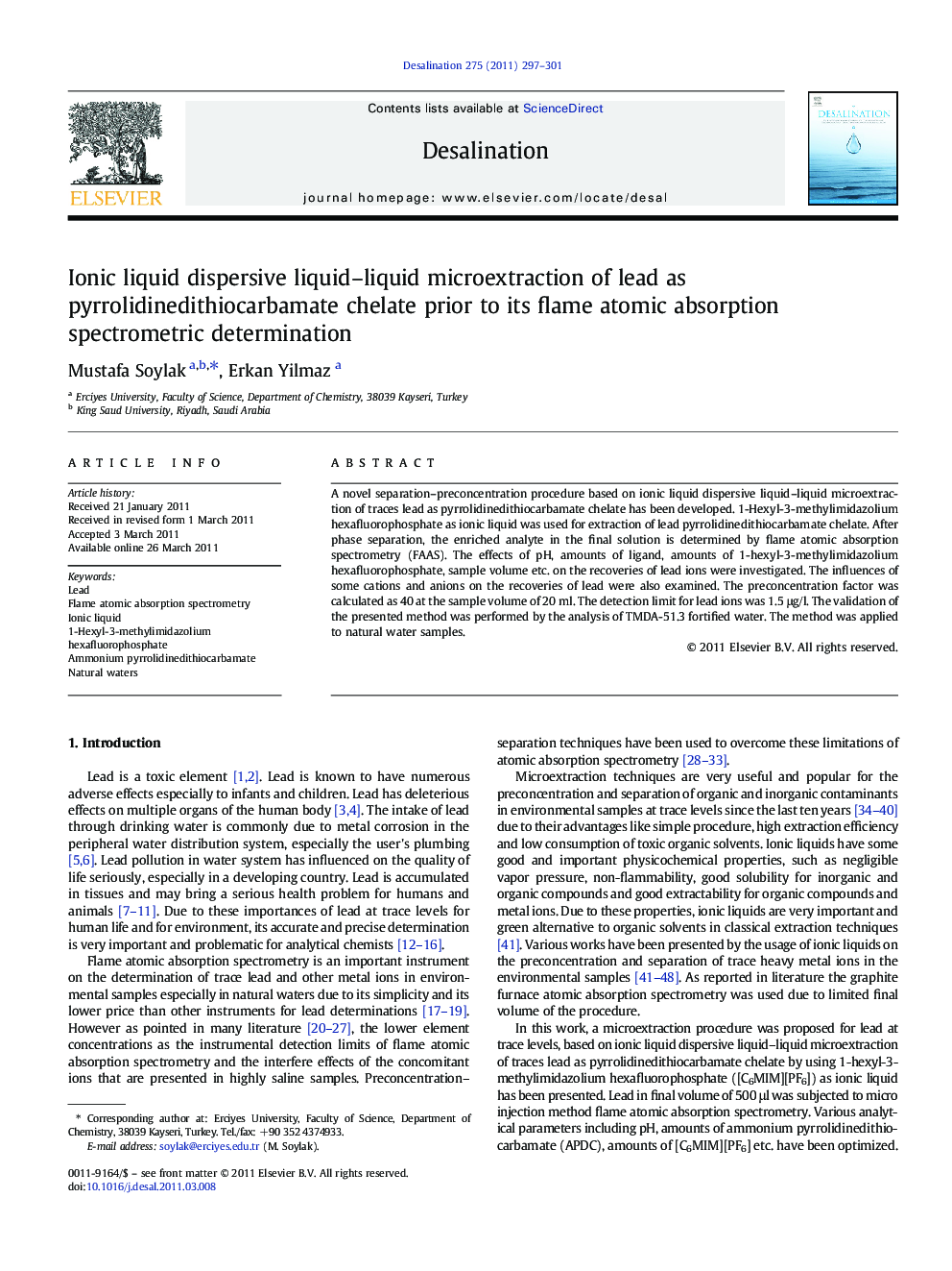 Ionic liquid dispersive liquid–liquid microextraction of lead as pyrrolidinedithiocarbamate chelate prior to its flame atomic absorption spectrometric determination