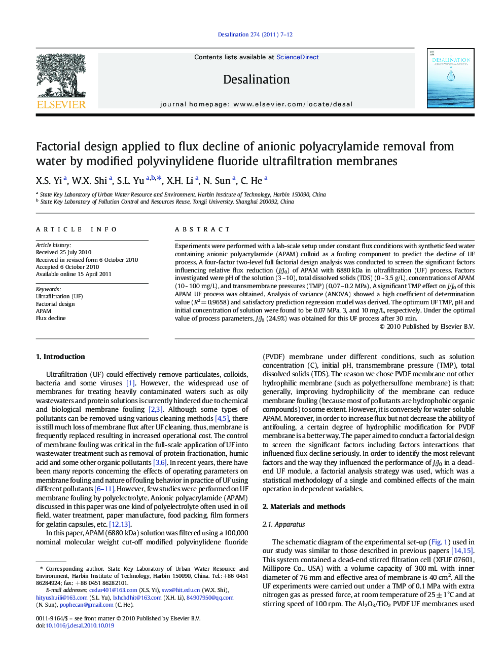 Factorial design applied to flux decline of anionic polyacrylamide removal from water by modified polyvinylidene fluoride ultrafiltration membranes