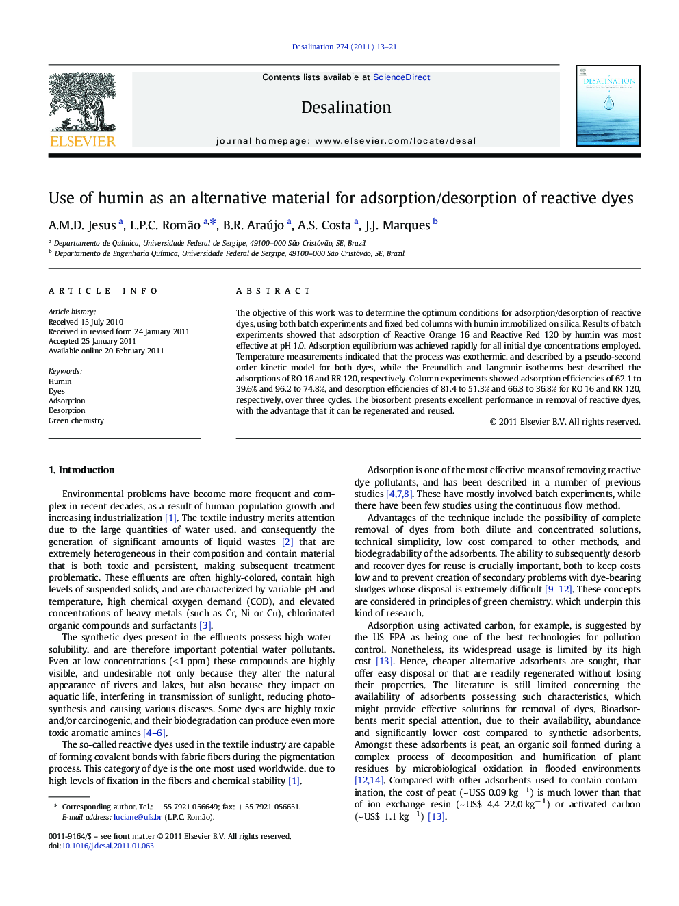 Use of humin as an alternative material for adsorption/desorption of reactive dyes