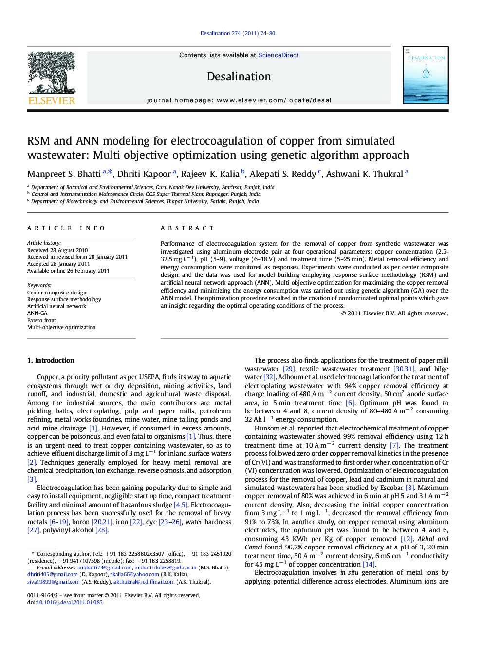 RSM and ANN modeling for electrocoagulation of copper from simulated wastewater: Multi objective optimization using genetic algorithm approach