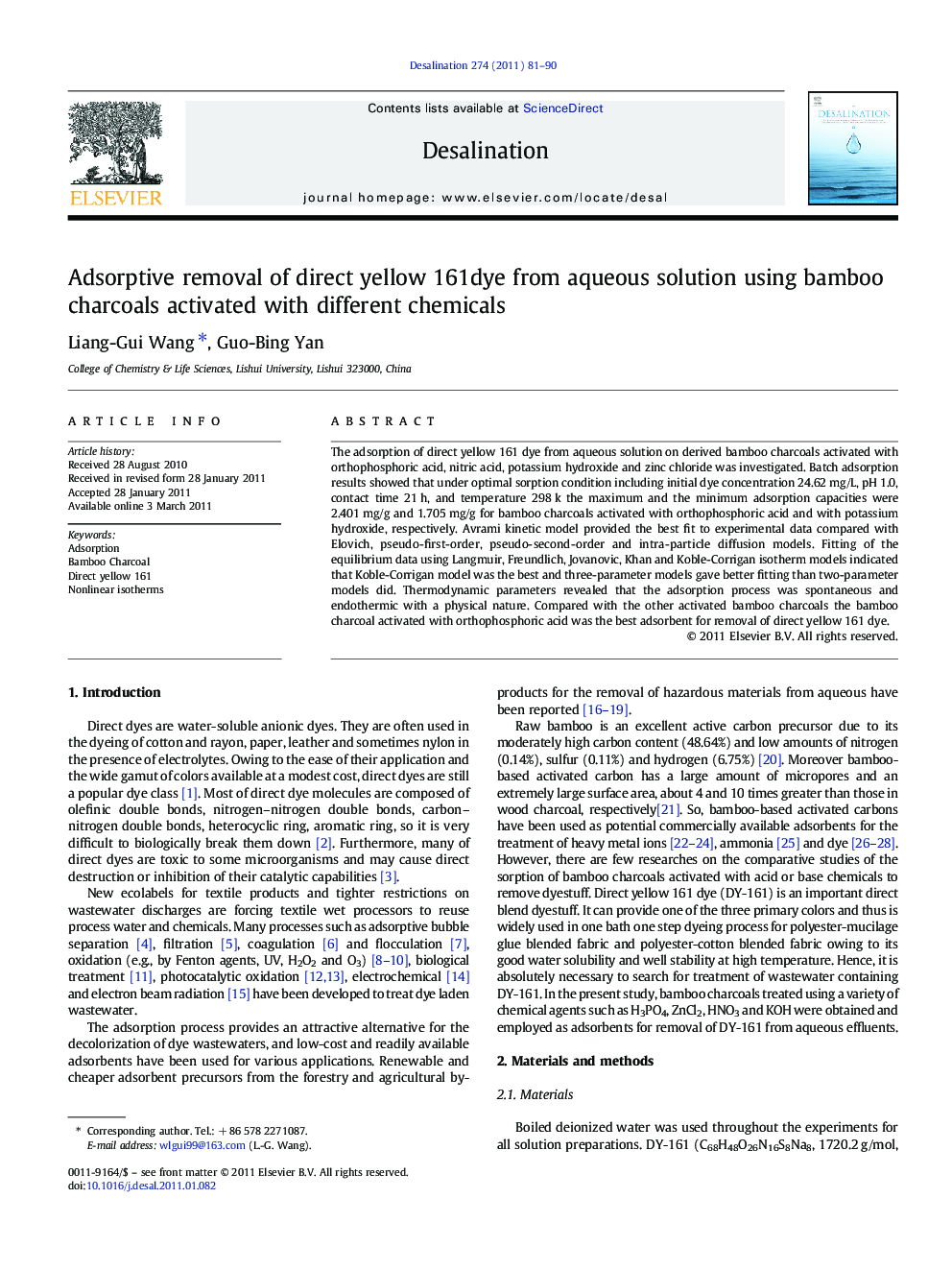 Adsorptive removal of direct yellow 161dye from aqueous solution using bamboo charcoals activated with different chemicals