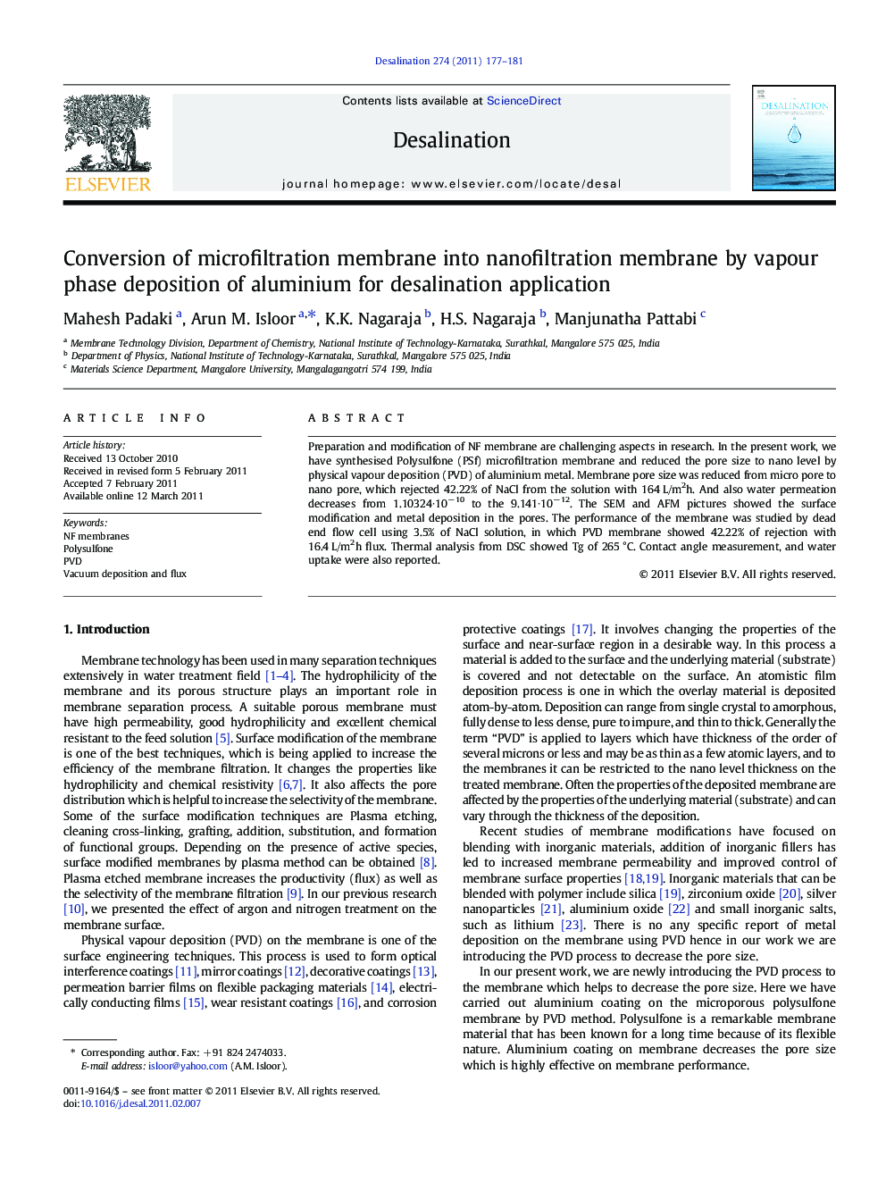 Conversion of microfiltration membrane into nanofiltration membrane by vapour phase deposition of aluminium for desalination application