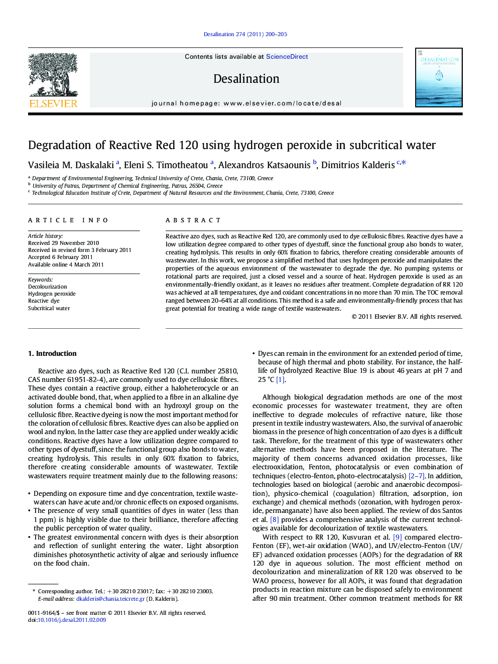 Degradation of Reactive Red 120 using hydrogen peroxide in subcritical water