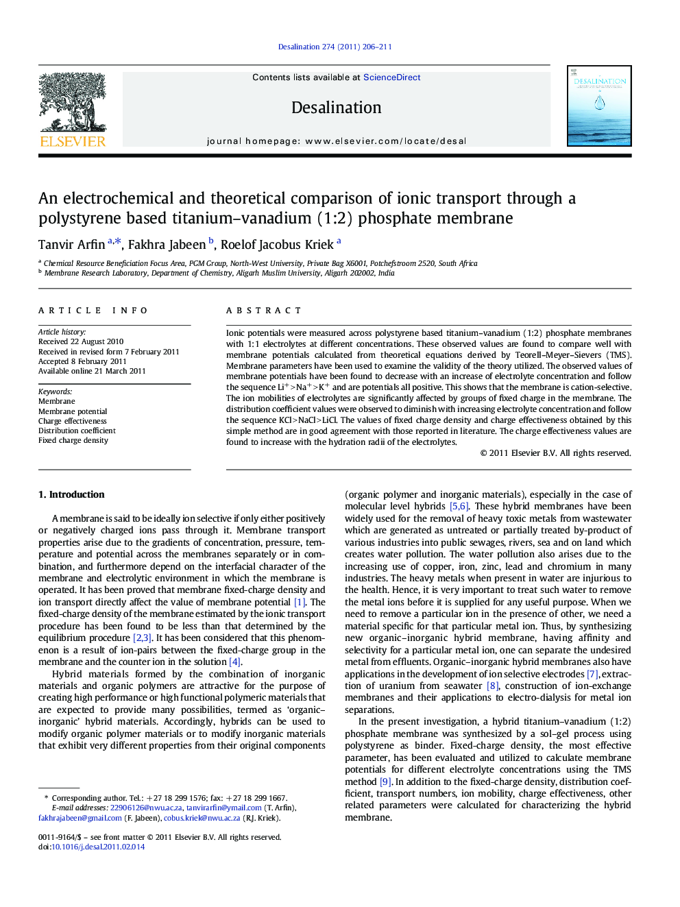 An electrochemical and theoretical comparison of ionic transport through a polystyrene based titanium-vanadium (1:2) phosphate membrane