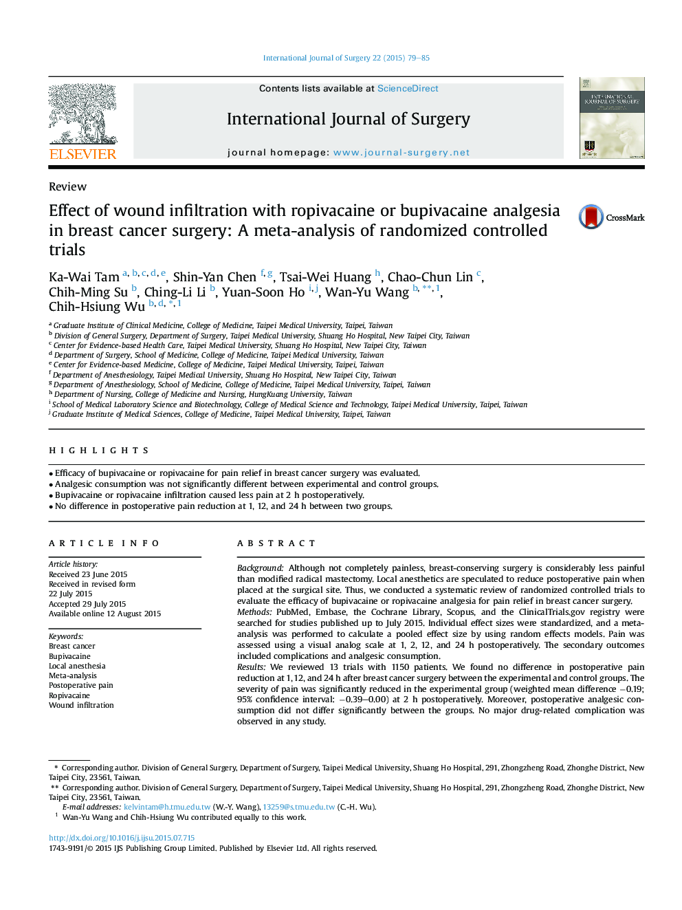 ReviewEffect of wound infiltration with ropivacaine or bupivacaine analgesia in breast cancer surgery: A meta-analysis of randomized controlled trials