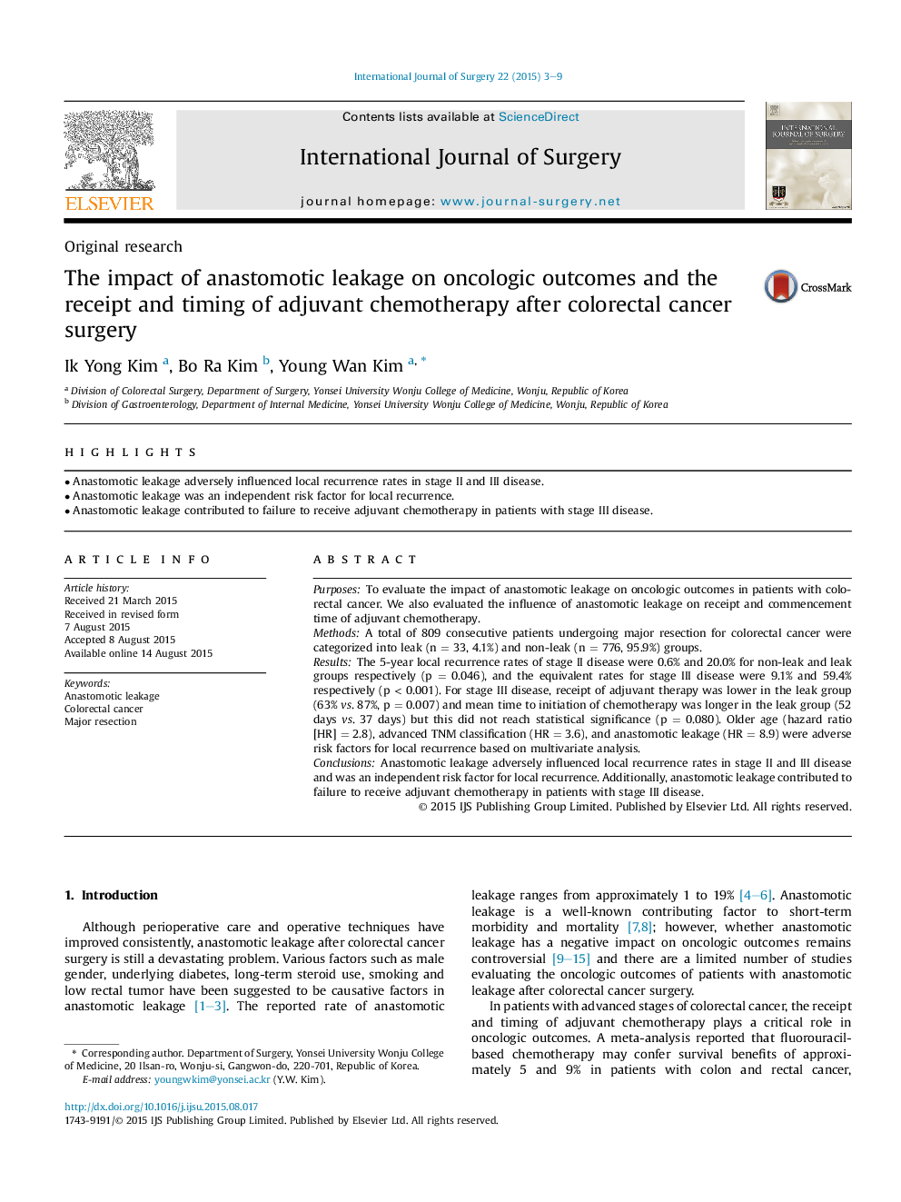 Original researchThe impact of anastomotic leakage on oncologic outcomes and the receipt and timing of adjuvant chemotherapy after colorectal cancer surgery