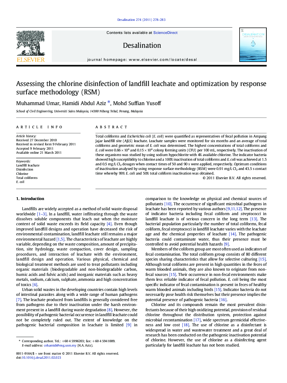 Assessing the chlorine disinfection of landfill leachate and optimization by response surface methodology (RSM)