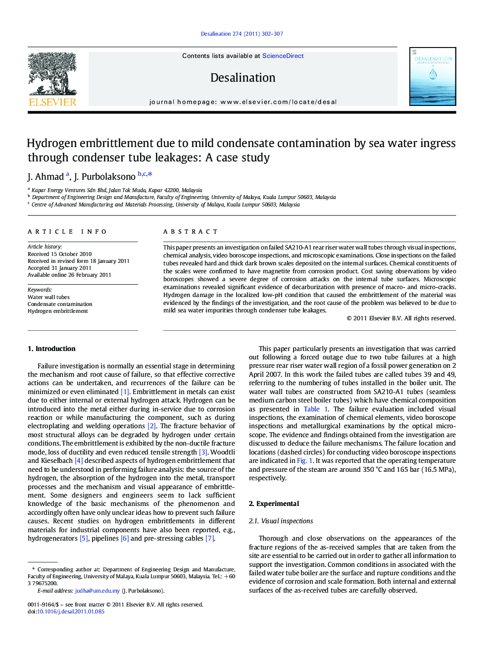 Hydrogen embrittlement due to mild condensate contamination by sea water ingress through condenser tube leakages: A case study