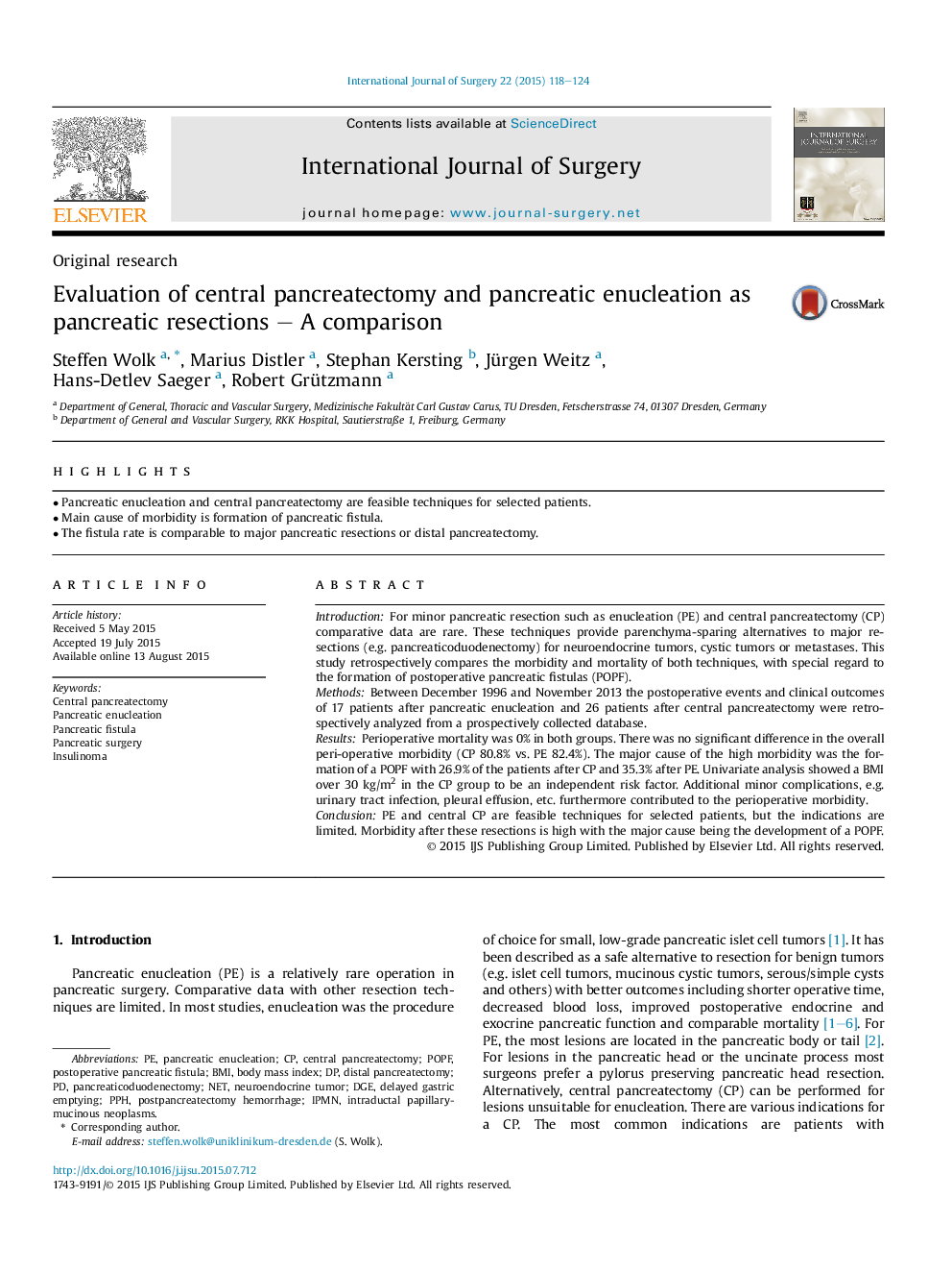 Original researchEvaluation of central pancreatectomy and pancreatic enucleation as pancreatic resections - A comparison