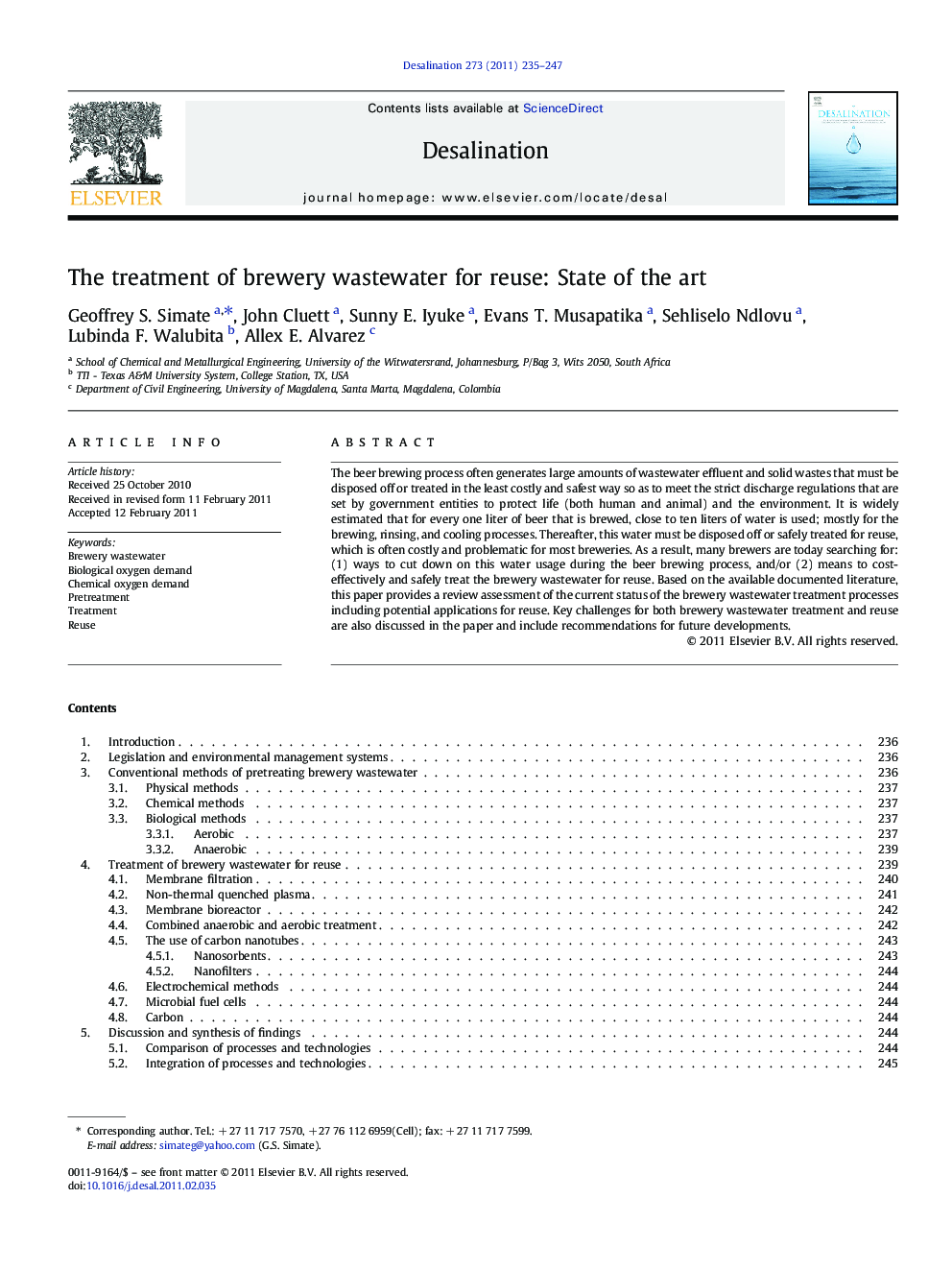 The treatment of brewery wastewater for reuse: State of the art