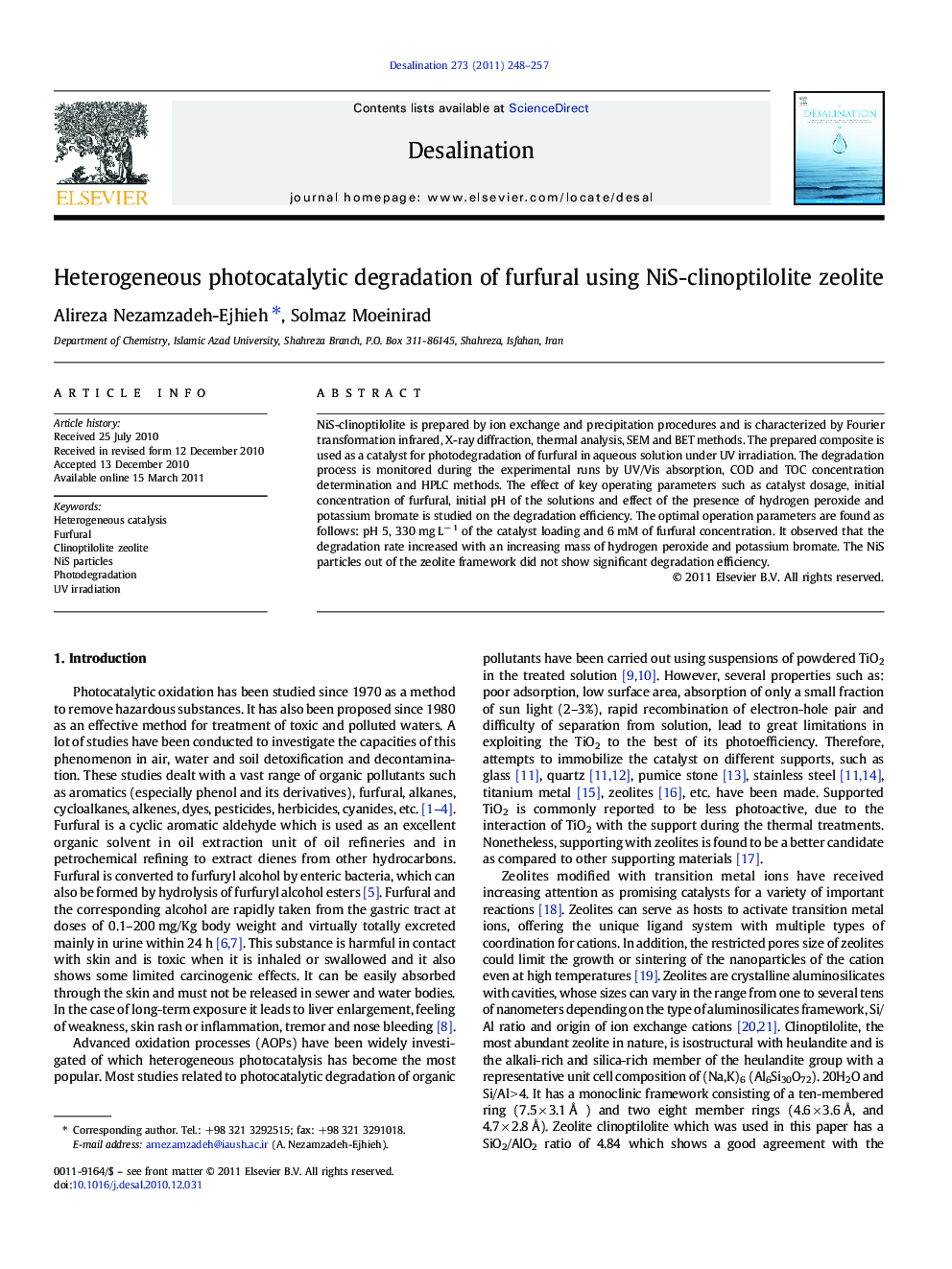 Heterogeneous photocatalytic degradation of furfural using NiS-clinoptilolite zeolite