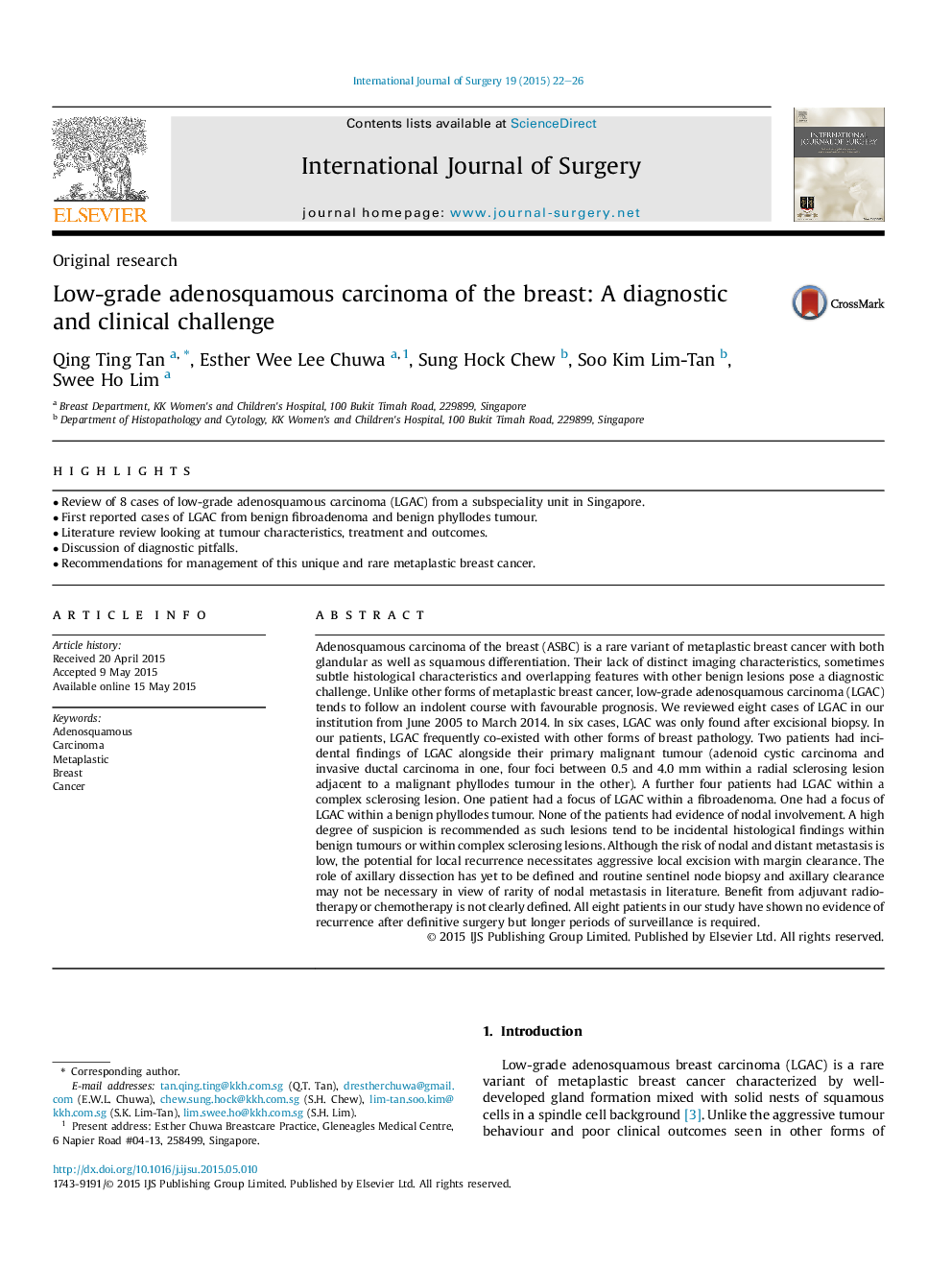 Original researchLow-grade adenosquamous carcinoma of the breast: A diagnostic andÂ clinical challenge