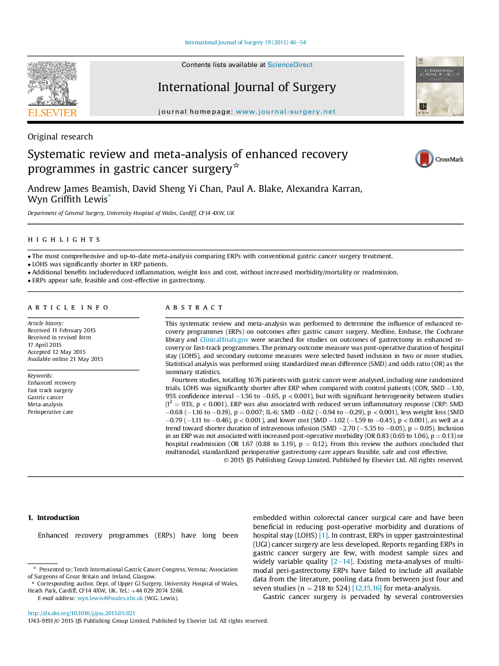 Original researchSystematic review and meta-analysis of enhanced recovery programmes in gastric cancer surgery