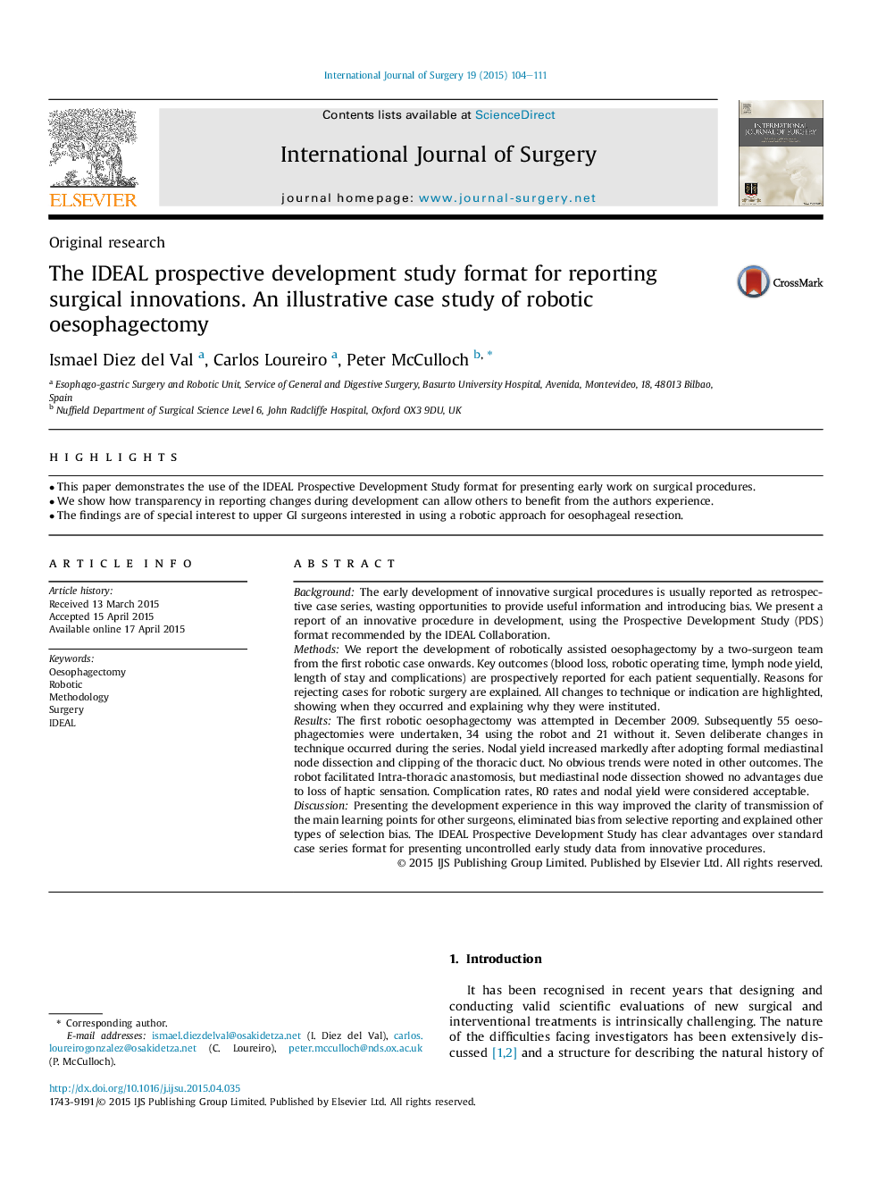 Original researchThe IDEAL prospective development study format for reporting surgical innovations. An illustrative case study of robotic oesophagectomy