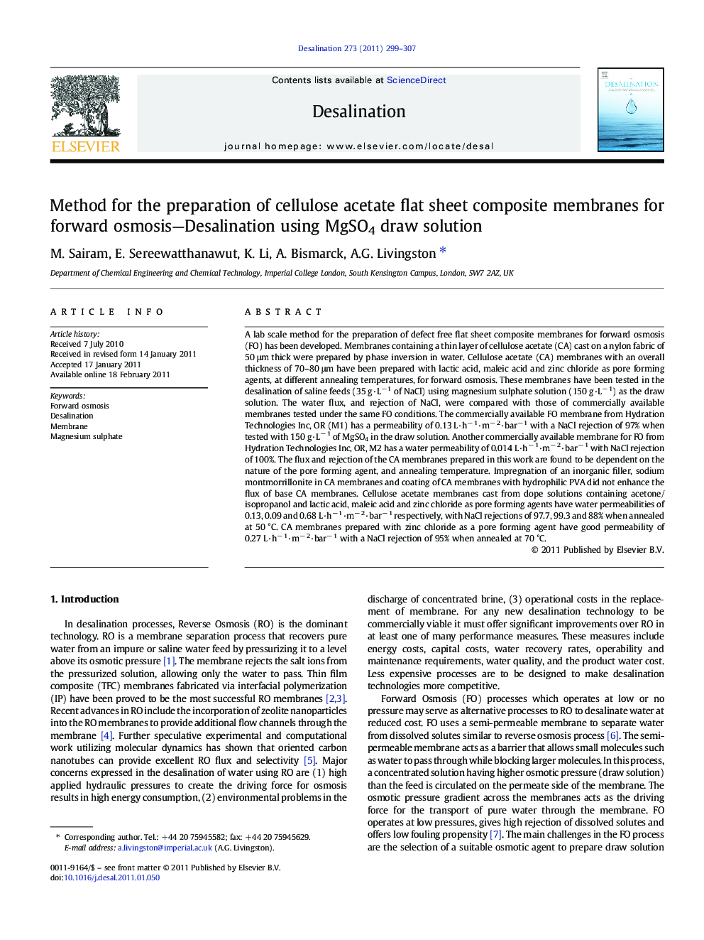 Method for the preparation of cellulose acetate flat sheet composite membranes for forward osmosis—Desalination using MgSO4 draw solution