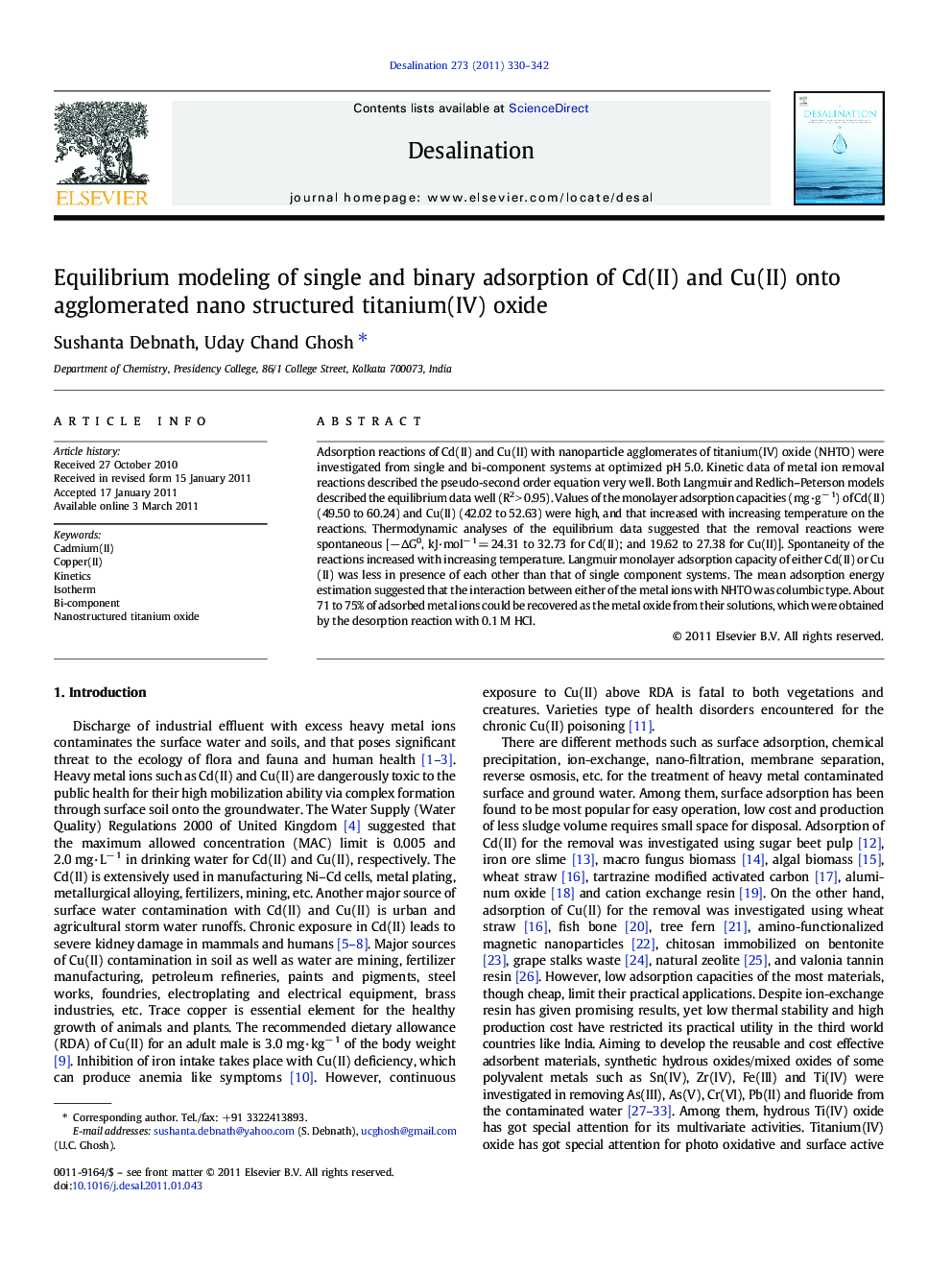 Equilibrium modeling of single and binary adsorption of Cd(II) and Cu(II) onto agglomerated nano structured titanium(IV) oxide