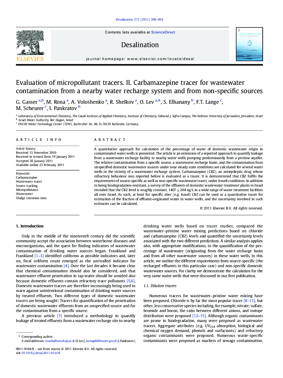 Evaluation of micropollutant tracers. II. Carbamazepine tracer for wastewater contamination from a nearby water recharge system and from non-specific sources