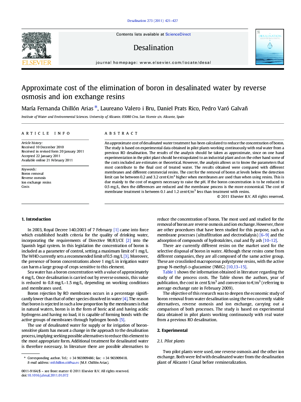 Approximate cost of the elimination of boron in desalinated water by reverse osmosis and ion exchange resins