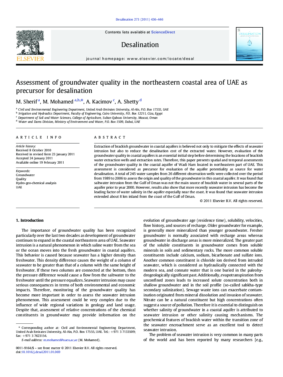 Assessment of groundwater quality in the northeastern coastal area of UAE as precursor for desalination