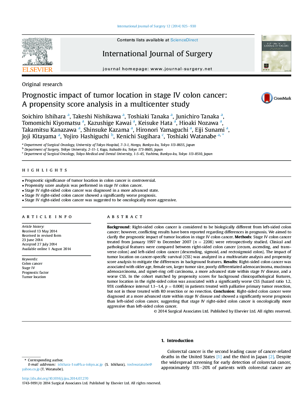 Original researchPrognostic impact of tumor location in stage IV colon cancer: A propensity score analysis in a multicenter study