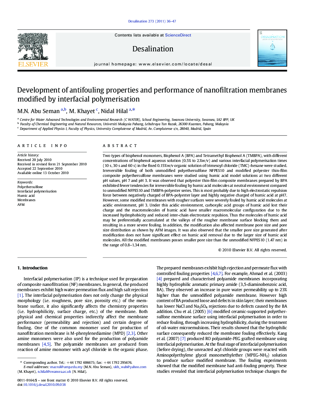 Development of antifouling properties and performance of nanofiltration membranes modified by interfacial polymerisation