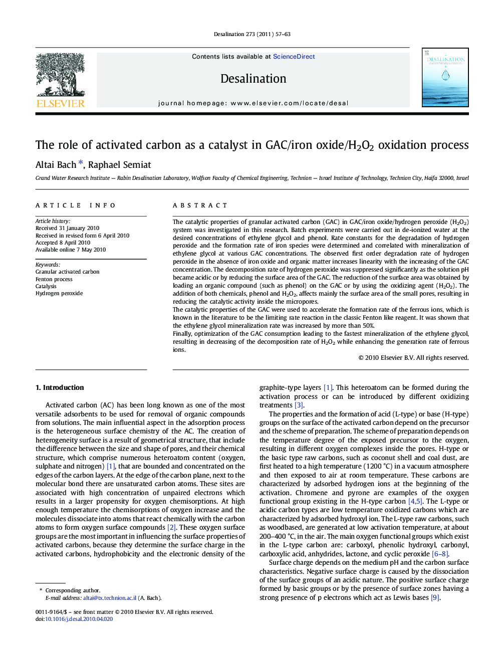 The role of activated carbon as a catalyst in GAC/iron oxide/H2O2 oxidation process