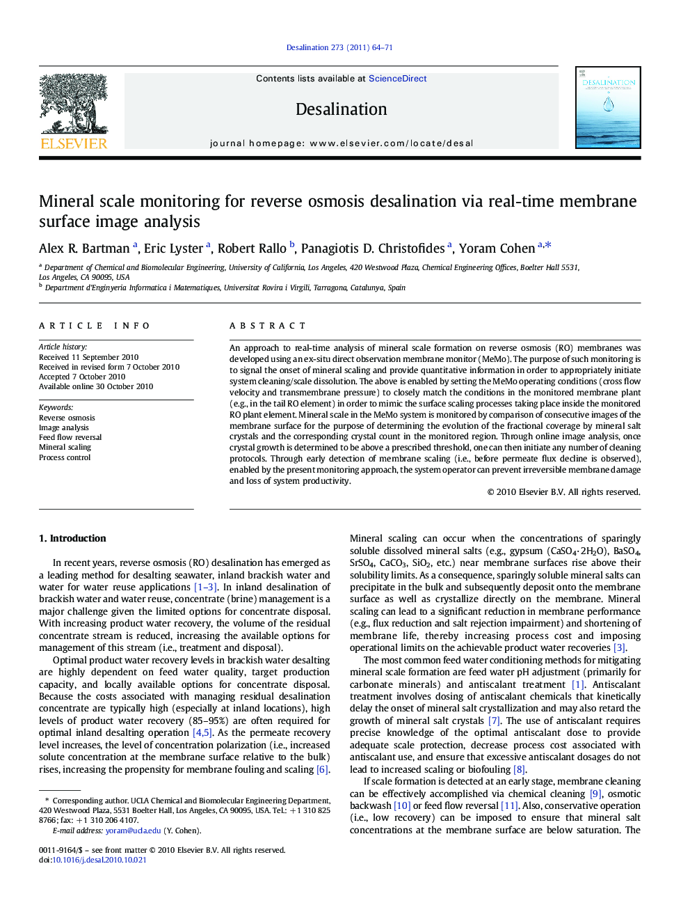 Mineral scale monitoring for reverse osmosis desalination via real-time membrane surface image analysis