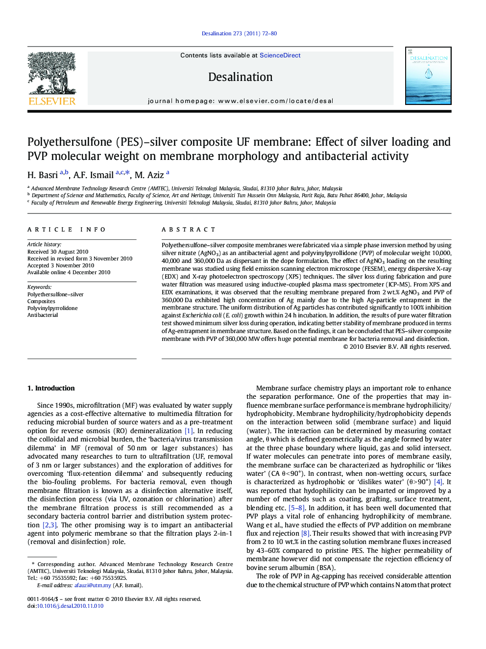 Polyethersulfone (PES)–silver composite UF membrane: Effect of silver loading and PVP molecular weight on membrane morphology and antibacterial activity