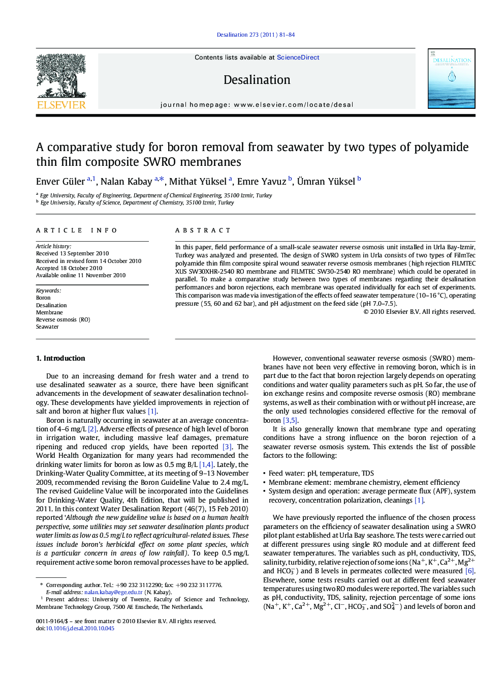 A comparative study for boron removal from seawater by two types of polyamide thin film composite SWRO membranes