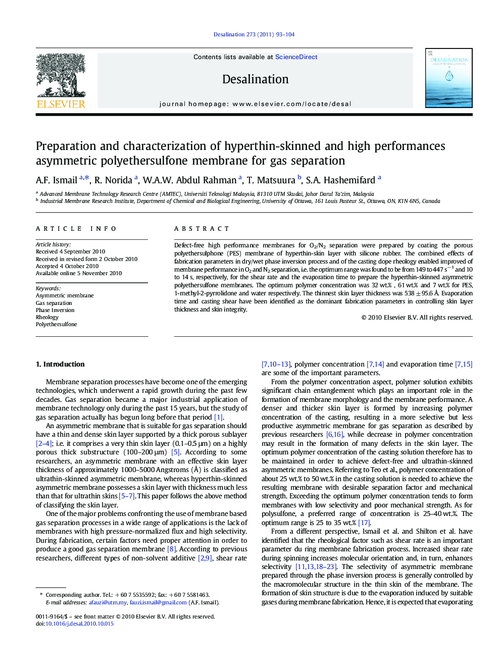 Preparation and characterization of hyperthin-skinned and high performances asymmetric polyethersulfone membrane for gas separation