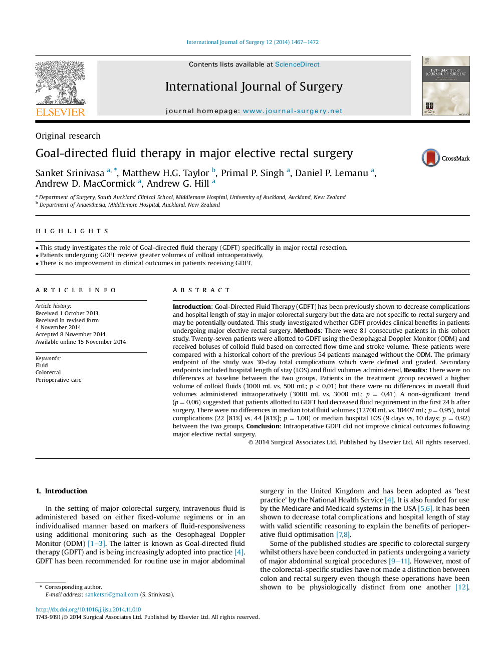 Original researchGoal-directed fluid therapy in major elective rectal surgery