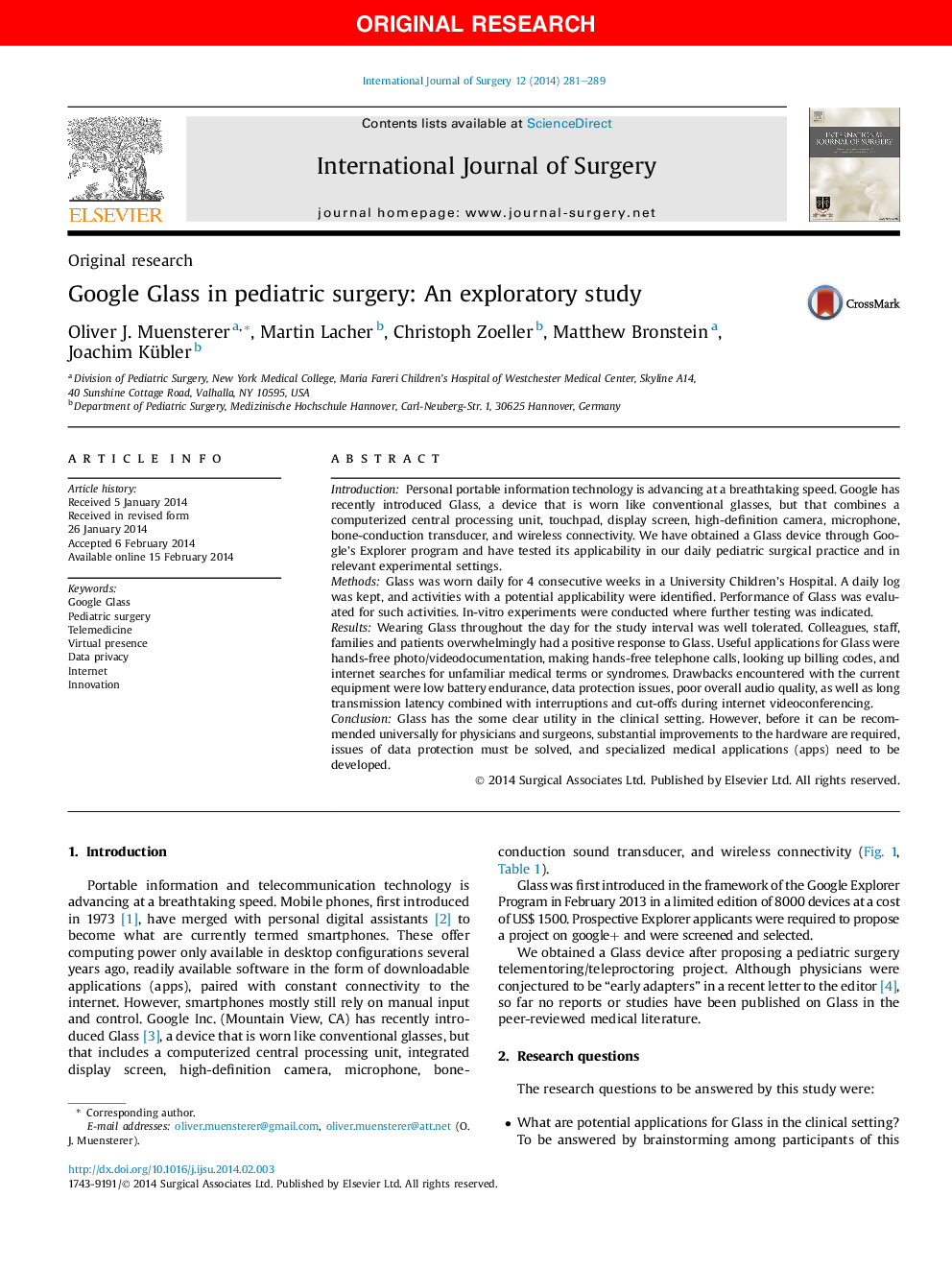 Original researchGoogle Glass in pediatric surgery: An exploratory study