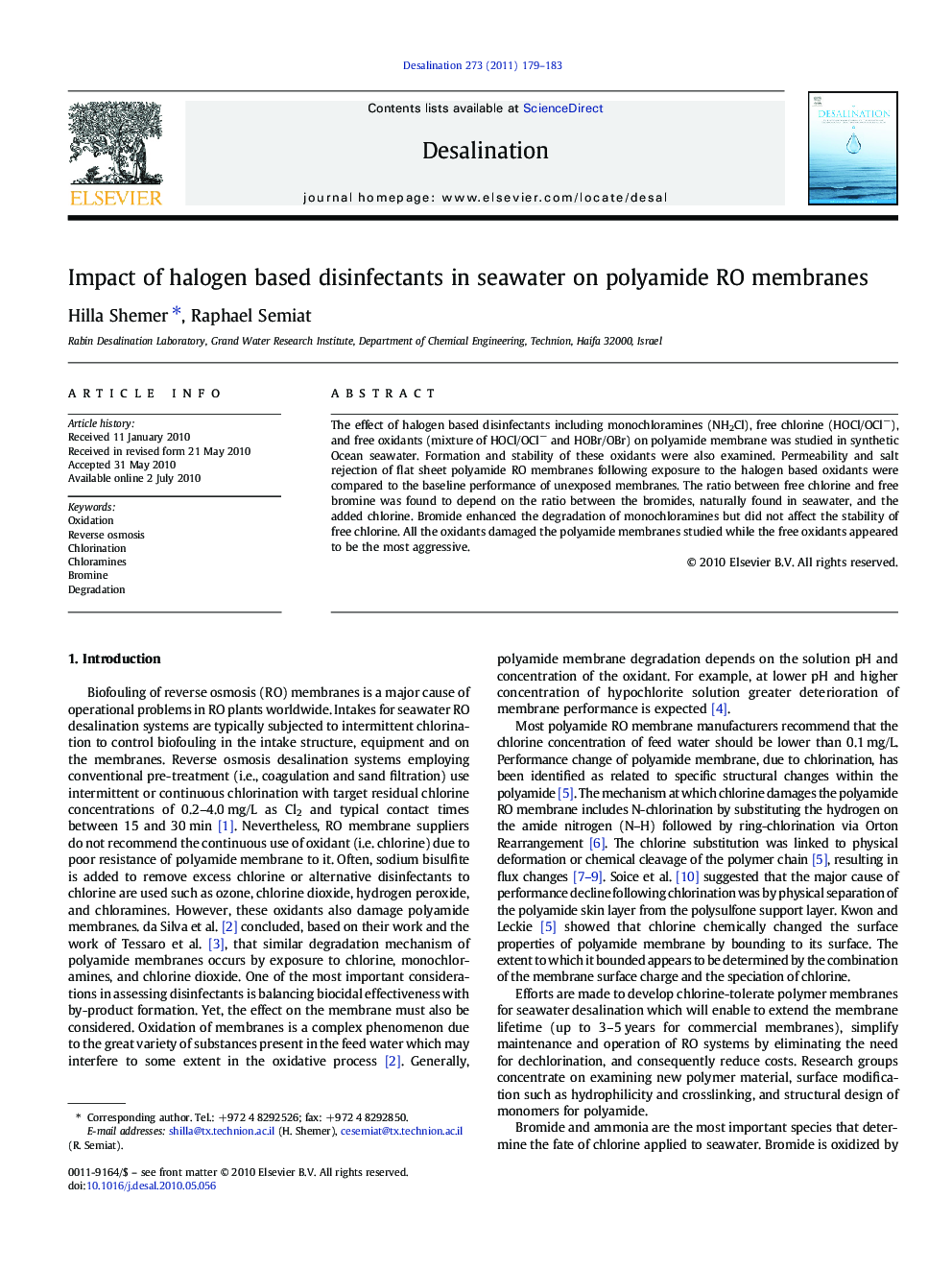 Impact of halogen based disinfectants in seawater on polyamide RO membranes