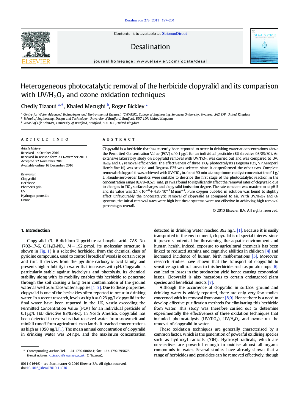 Heterogeneous photocatalytic removal of the herbicide clopyralid and its comparison with UV/H2O2 and ozone oxidation techniques