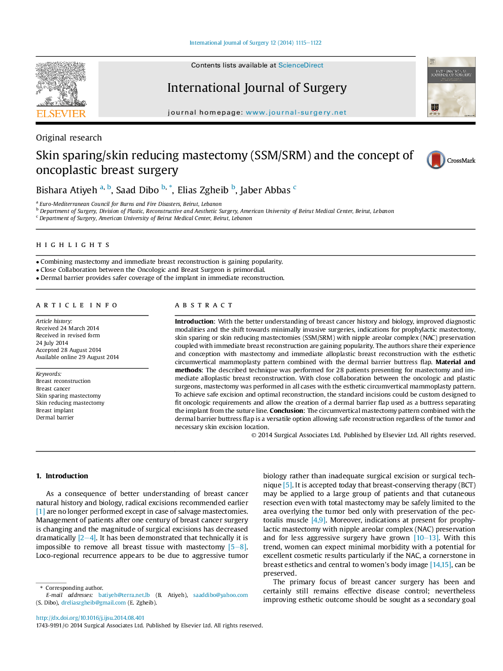 Original researchSkin sparing/skin reducing mastectomy (SSM/SRM) and the concept of oncoplastic breast surgery