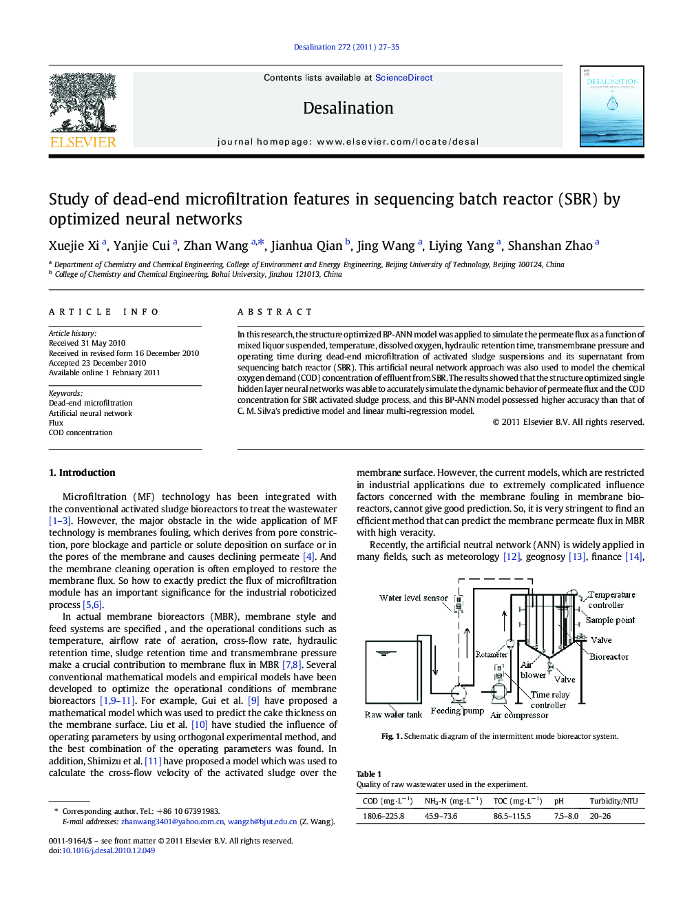 Study of dead-end microfiltration features in sequencing batch reactor (SBR) by optimized neural networks