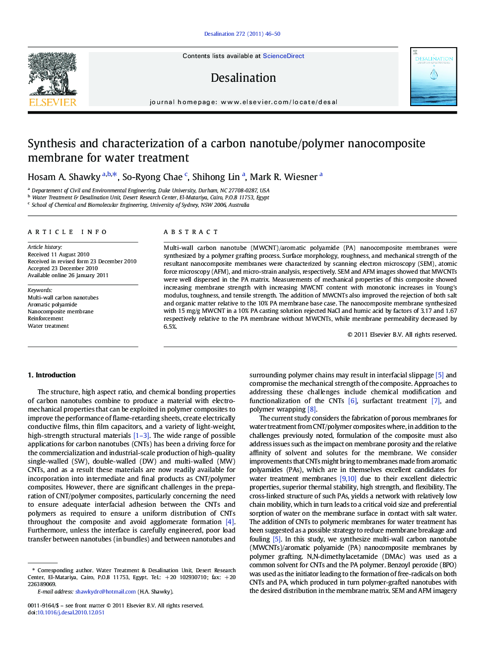 Synthesis and characterization of a carbon nanotube/polymer nanocomposite membrane for water treatment