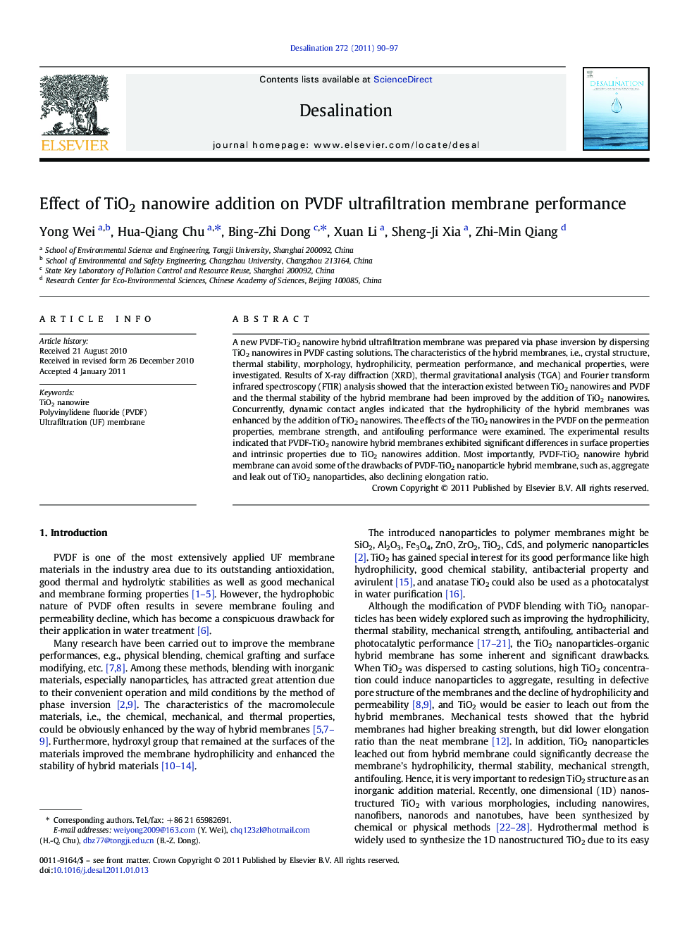 Effect of TiO2 nanowire addition on PVDF ultrafiltration membrane performance