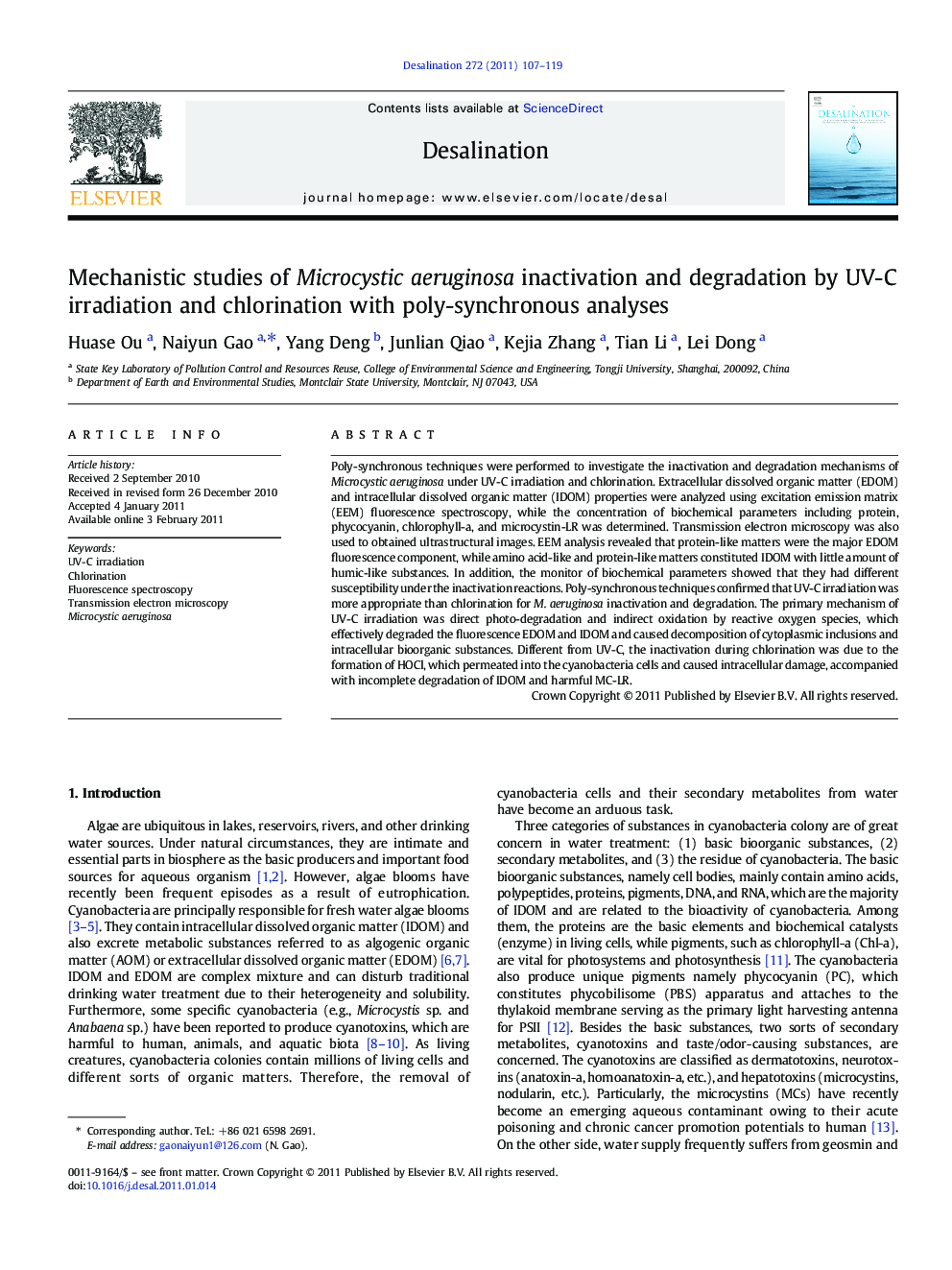 Mechanistic studies of Microcystic aeruginosa inactivation and degradation by UV-C irradiation and chlorination with poly-synchronous analyses
