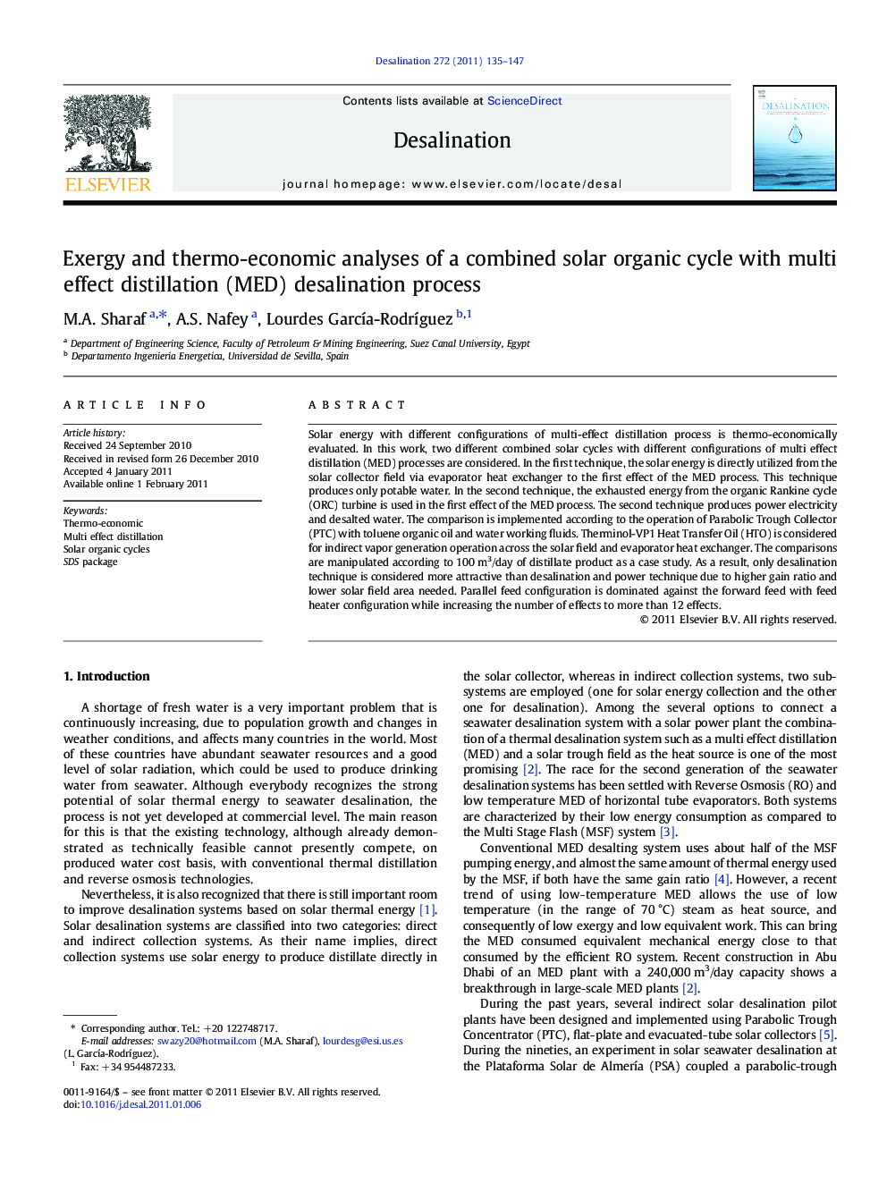 Exergy and thermo-economic analyses of a combined solar organic cycle with multi effect distillation (MED) desalination process