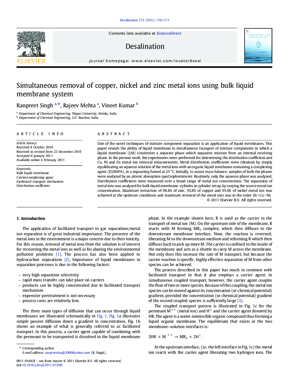عکس صفحه اول مقاله: Simultaneous removal of copper, nickel and zinc metal ions using bulk liquid membrane system Simultaneous removal of copper, nickel and zinc metal ions using bulk liquid membrane system