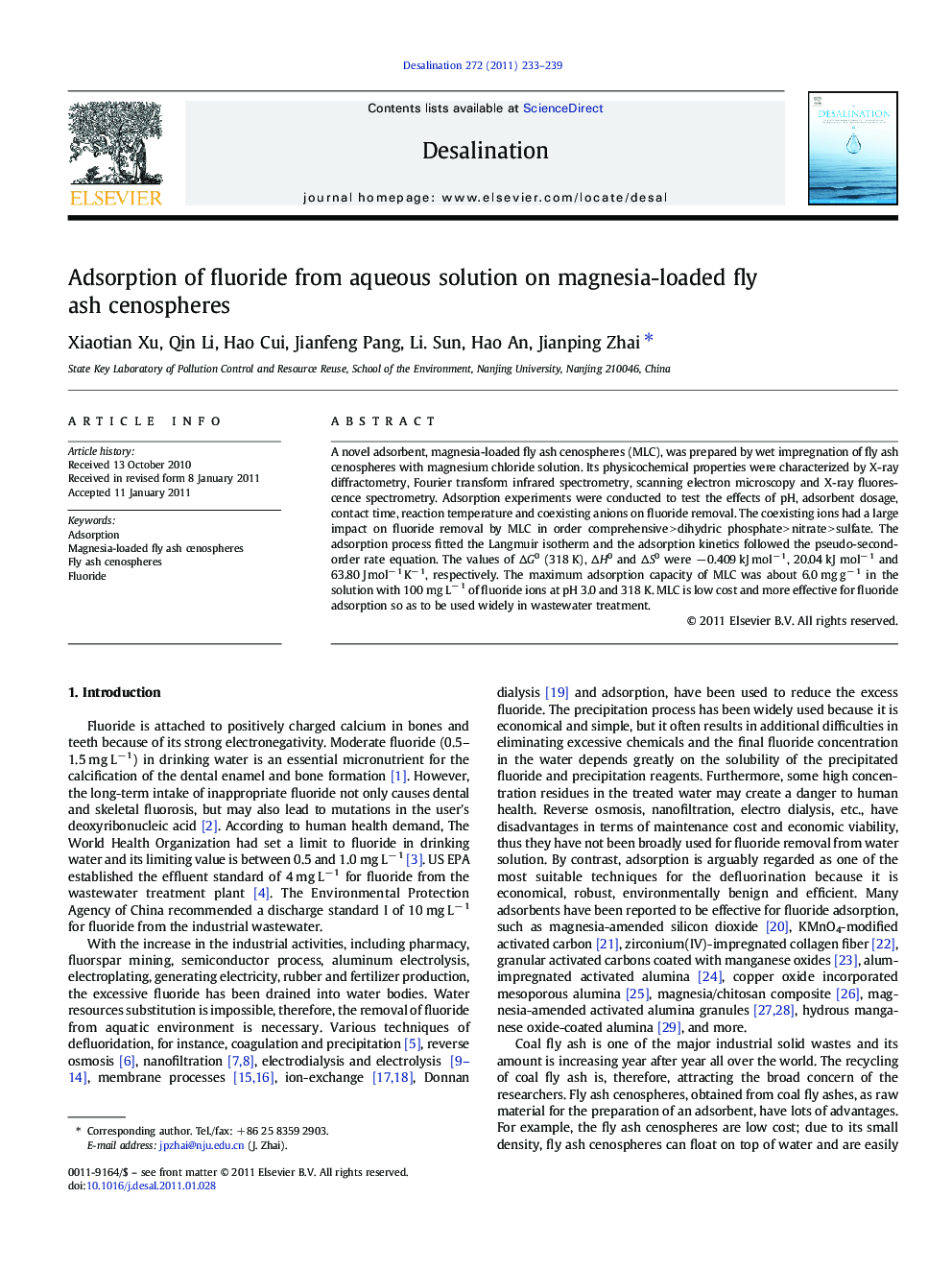 Adsorption of fluoride from aqueous solution on magnesia-loaded fly ash cenospheres