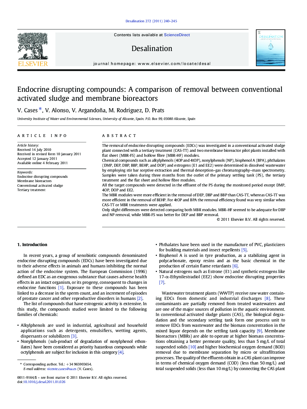 Endocrine disrupting compounds: A comparison of removal between conventional activated sludge and membrane bioreactors