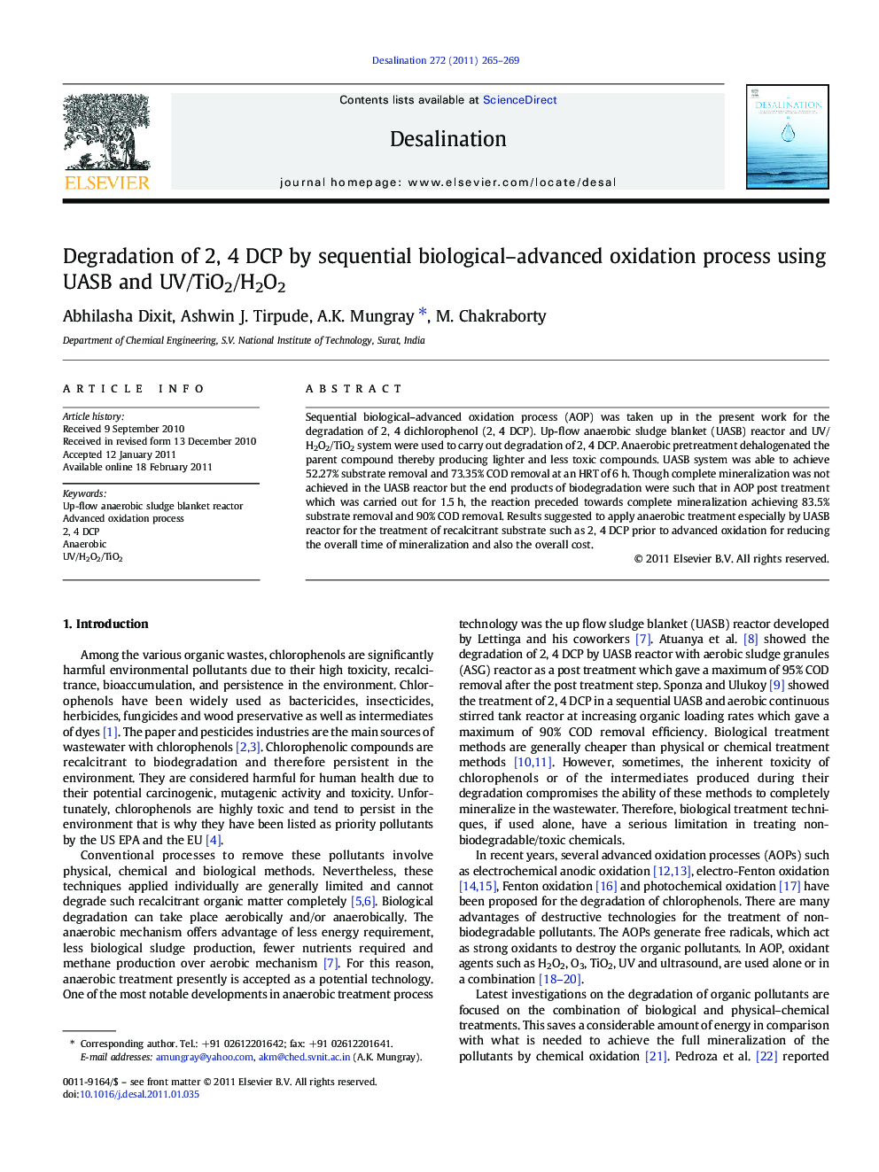 Degradation of 2, 4 DCP by sequential biological–advanced oxidation process using UASB and UV/TiO2/H2O2