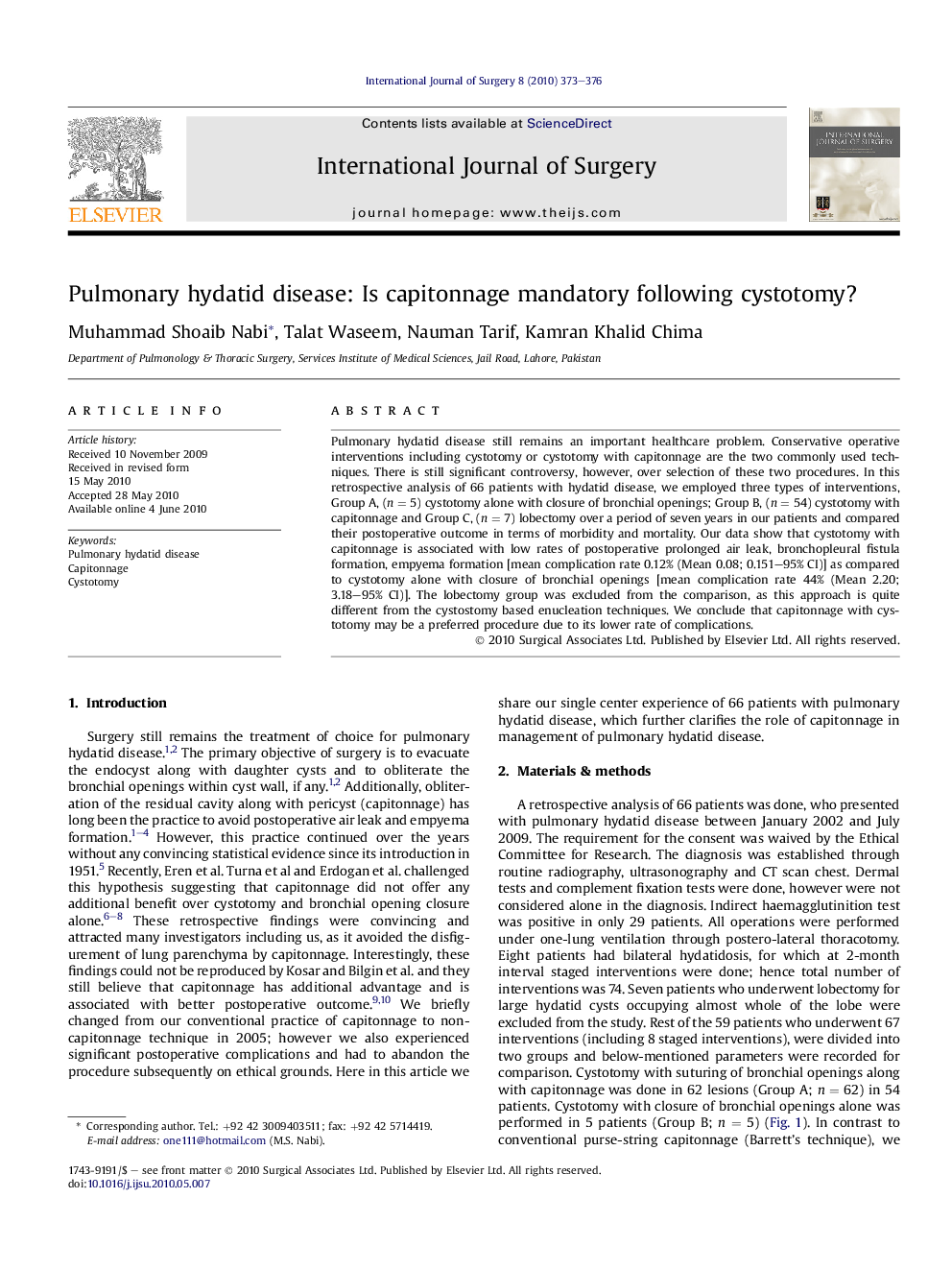 Pulmonary hydatid disease: Is capitonnage mandatory following cystotomy?