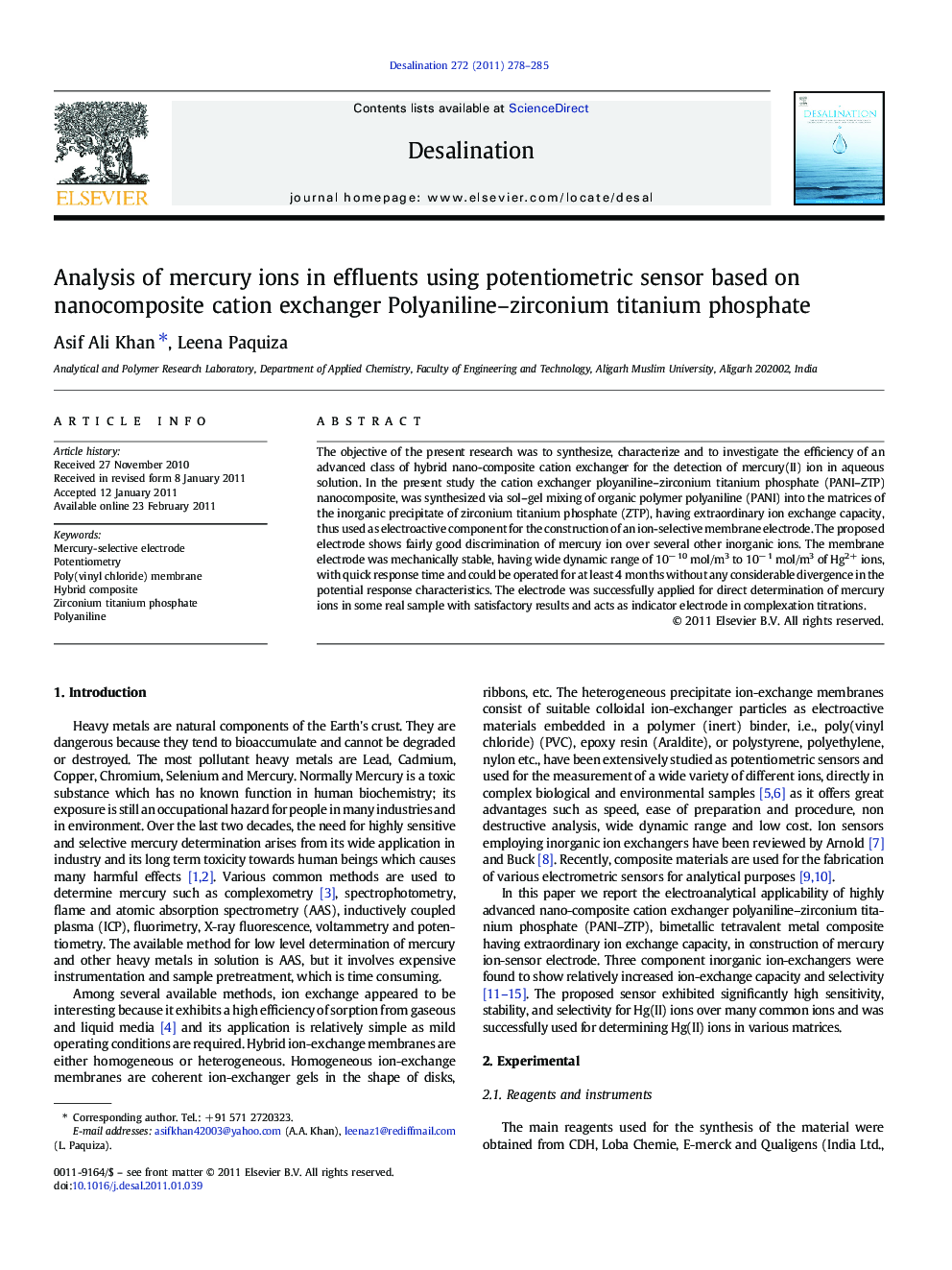 Analysis of mercury ions in effluents using potentiometric sensor based on nanocomposite cation exchanger Polyaniline–zirconium titanium phosphate